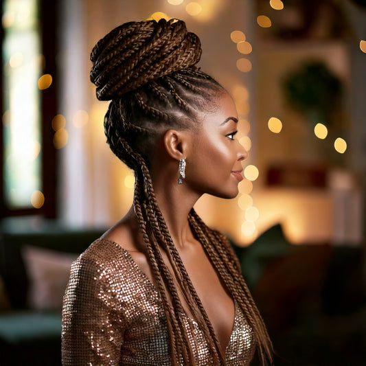 Woman wearing braids wrapped in a bun.