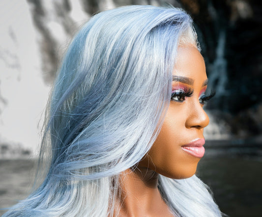 Woman with dyed blue hair.